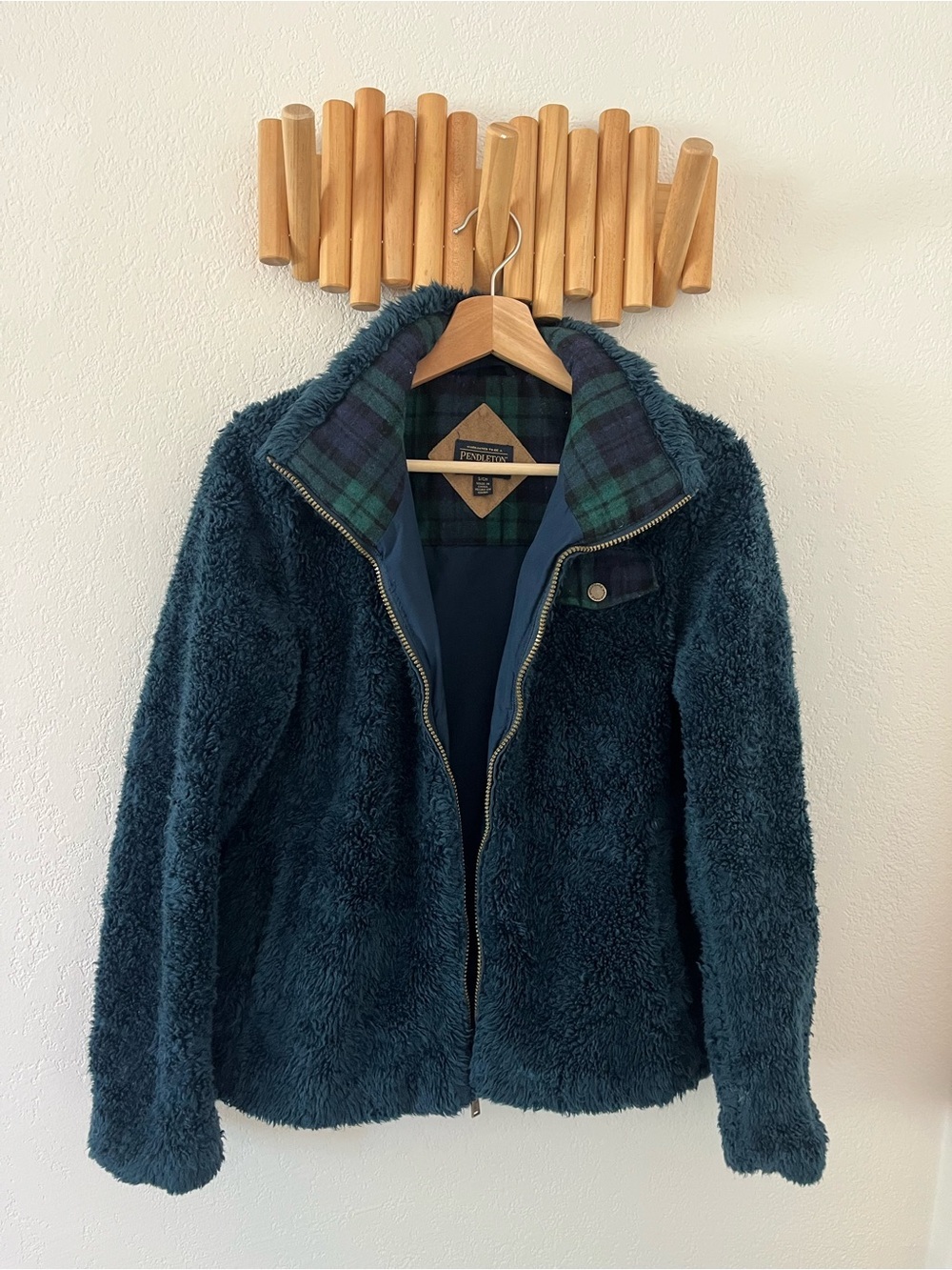 Pendleton Women Small Sherpa Coat Jacket Fleece Wool Plaid Blue Green